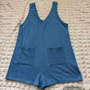 Bucket List Large Blue Ribbed Sleeveless Romper ~ Athleisure Relaxed Lounge